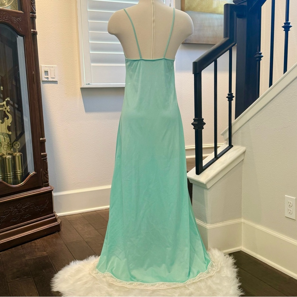 Vintage Undercover Wear 80s Silky Satin Pastel Green Lace Maxi Gown Slip Dress - Picture 8 of 10